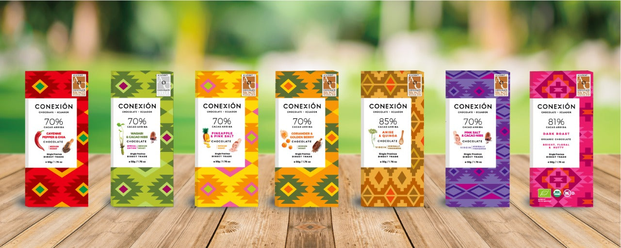 Row of Conexion Chocolate bars that won awards at the Academy of Chocolate Awards 2018
