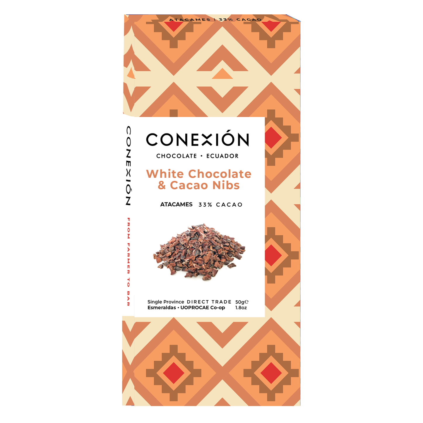 Sustainable White Chocolate and Cacao Nibs Bar made in Ecuador, direct trade.