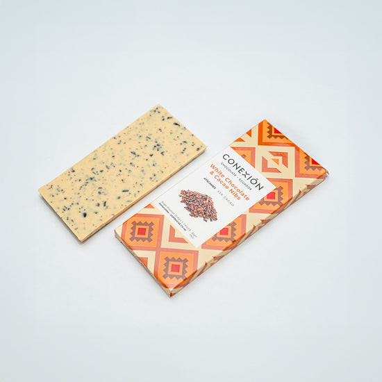 Sustainable White Chocolate and Cacao Nibs Bar made in Ecuador, direct trade.