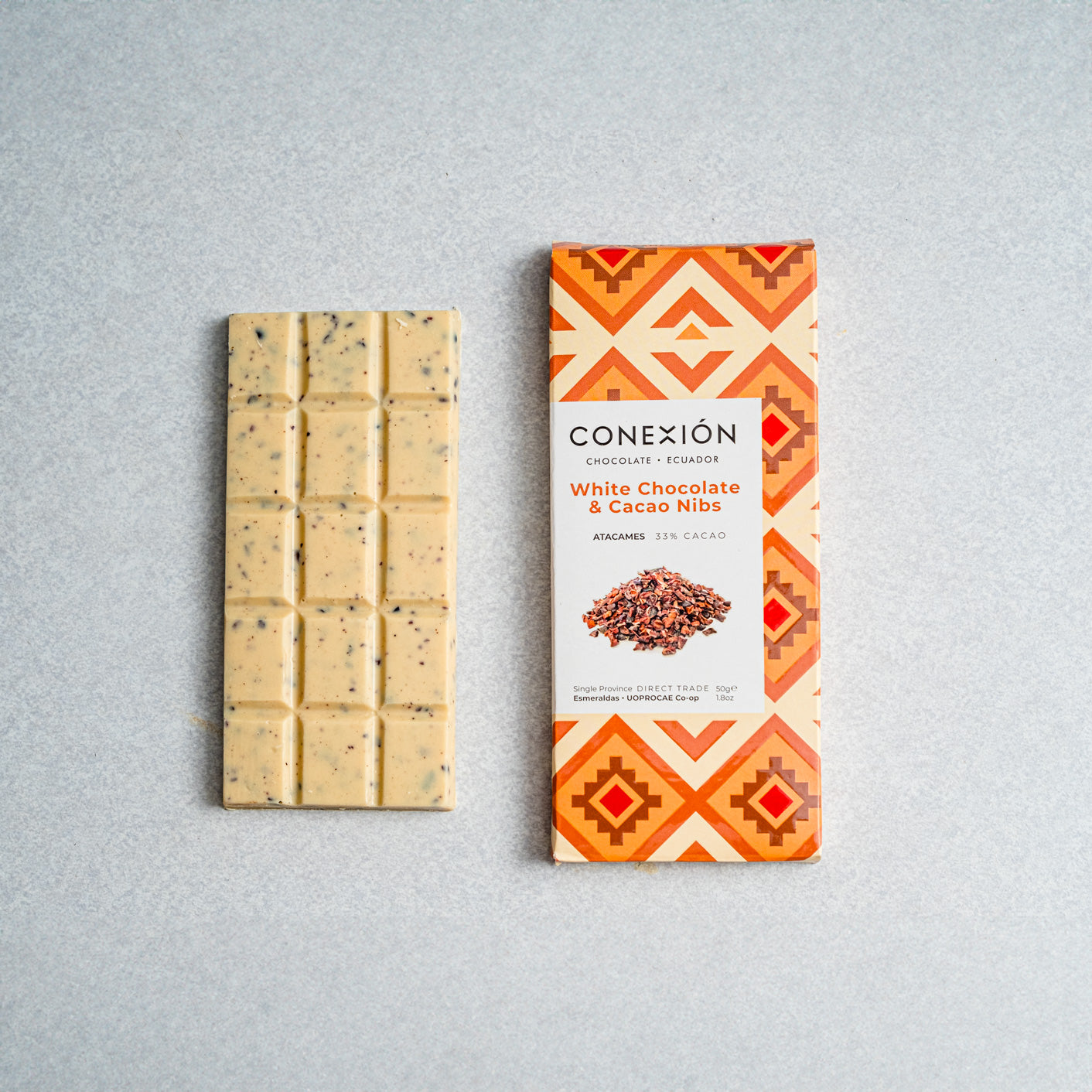 Sustainable White Chocolate and Cacao Nibs Bar made in Ecuador, direct trade.