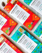 Several rows of Conexion Chocolate bars arranged at an angle