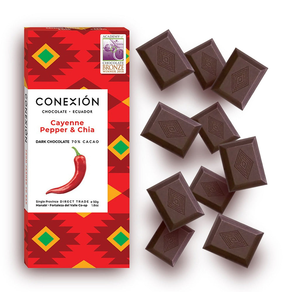 Conexión Cayenne Pepper & Chia 70% Dark Chocolate Cacao Bar | Gluten Free, Kosher, Vegan conexion-chocolates