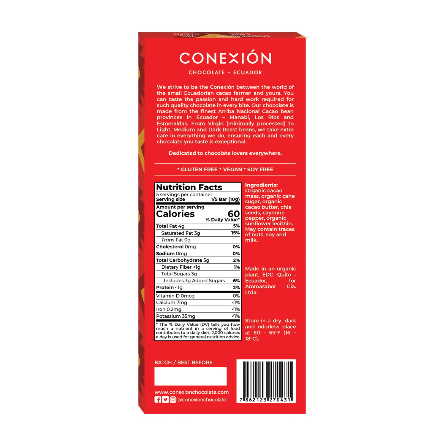 Conexión Cayenne Pepper & Chia 70% Dark Chocolate Cacao Bar | Gluten Free, Kosher, Vegan conexion-chocolates