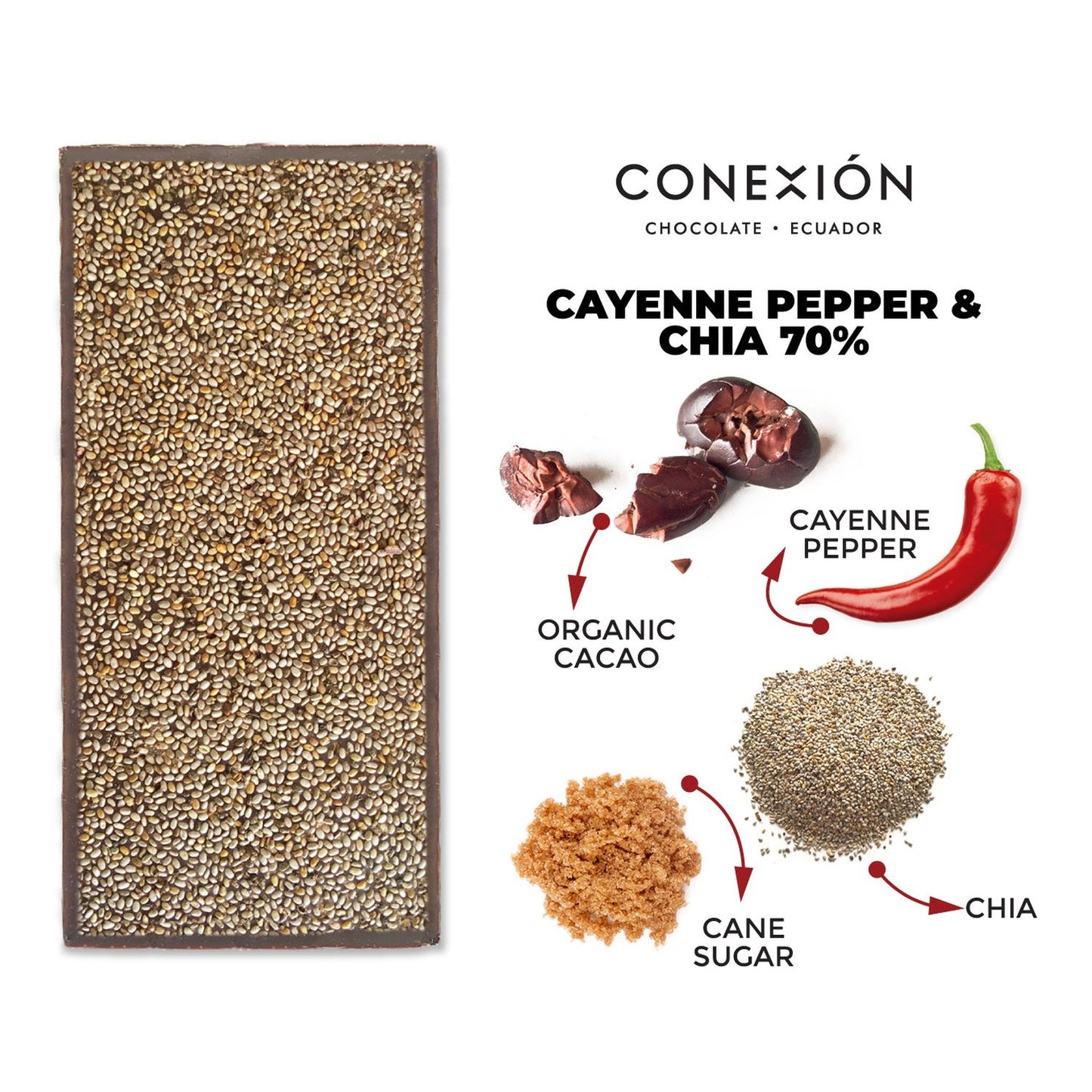 Conexión Cayenne Pepper & Chia 70% Dark Chocolate Cacao Bar | Gluten Free, Kosher, Vegan conexion-chocolates
